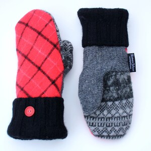 Red Plaid Wool Mittens - Sweaty Mitts - Fleece Lined - Handmade Recycled Mittens - Wisconsin Made - Gift for Women -  Gray Black