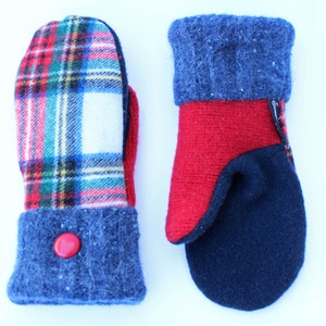 Plaid Wool Mittens for Women - Sweaty Mitts - Red Navy Blue Green Yellow - Recycled Sweater Mittens - Gift - Fleece Lined - Wisconsin