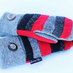 Patchwork Red Black Gray Mittens Wool SweatyMitts Fleece Lined Handmade in Wisconsin Sweaty Mittens Recycled Sweater