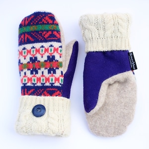 Wool Sweater Mittens for Women - Sweaty Mitts - Handmade Recycled Wisconsin Made Gift Idea Fleece Lined Navy Purple Pink Cream