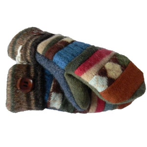 SWEATER MITTENS Recycled Mittens, Wool Mittens by Sweaty Mitts Patchwork Upcycled Women's Handmade Brown Blue Red Green Stripes Argyle