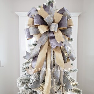 Christmas Tree Bow, Grey Gold Silver Tree Topper Bow, Velvet Christmas Tree Topper Bow, XL Christmas Bow for Tree, Bow Long Streamers G26