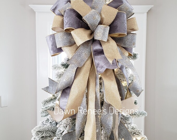 Christmas Tree Bow, Grey Gold Silver Tree Topper Bow, Velvet Christmas