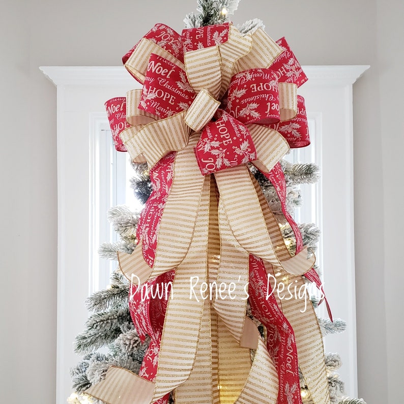Red Gold Christmas Tree Topper Bow Tree Topper Christmas Bow Etsy