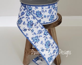 Chinoiserie Ribbon, 2.5" Designer Ribbon, Wired Ribbon, Dutch Porcelain Ribbon, Blue and White Ribbon, Ribbon for Bows, Ribbon for Wreaths