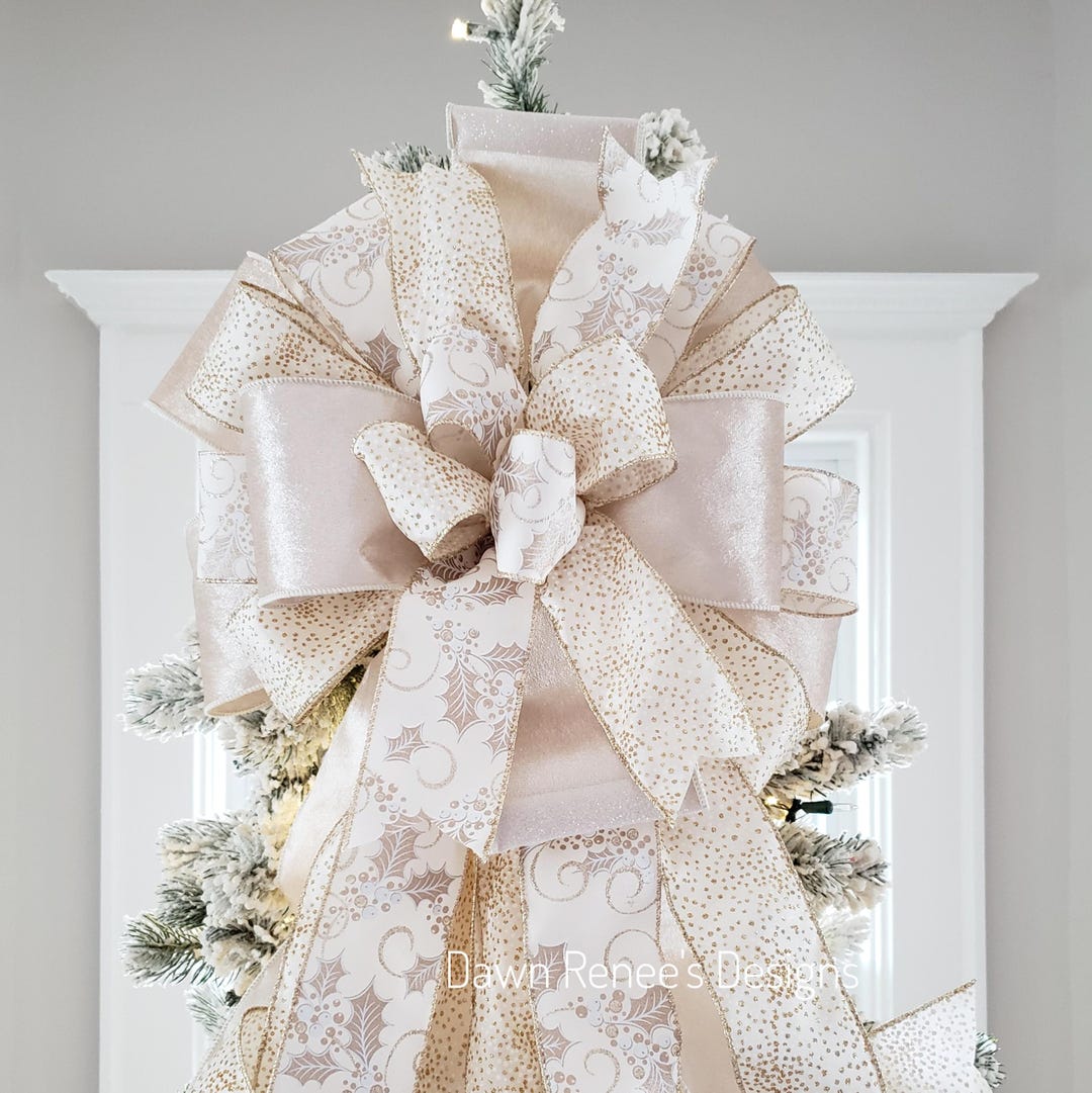 Gold Cream Christmas Tree Bow in Luxurious Velvet Ribbon and Long ...