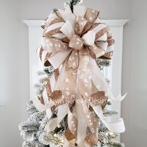 Gold Cream Christmas Tree Topper Bow, Glittery Gold Tree Topper, Christmas Tree Topper Bow, Christmas Bow for Tree, Bow Long Streamers