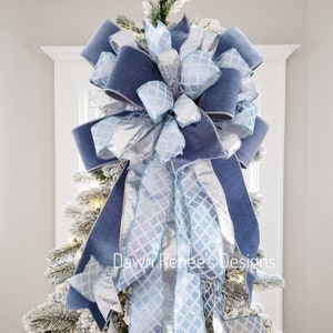 Blue Silver Christmas Tree Bow, Blue Velvet Christmas Bow, XL Christmas Bow with Long Streamers, Silver Blue Christmas Tree SB1