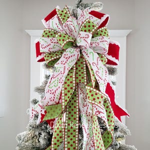 Red Velvet Christmas Bow Santa Inspired Candy Canes Red White Green Christmas Bow with Long Streamers