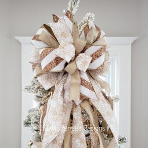 Gold Christmas Tree Bow, Glittery Gold Tree Topper, Christmas Tree Topper Bow, Christmas Bow for Tree, Bow Long Streamers