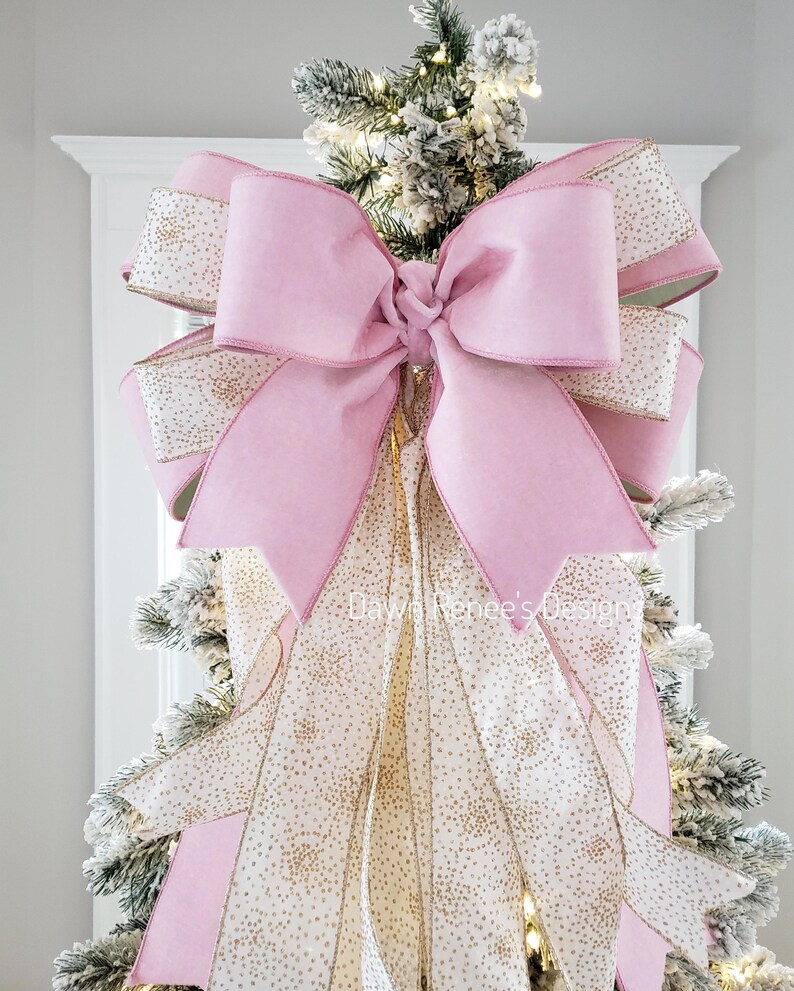 Pink Velvet Christmas Tree Bow, Luxury Bow With Long Streamers, Gold ...