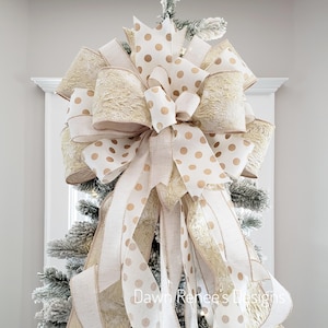 Gold Cream Christmas Tree Topper Bow, Glittery Gold Tree Topper, Christmas Tree Topper Bow, Christmas Bow for Tree, Bow Long Streamers PGC