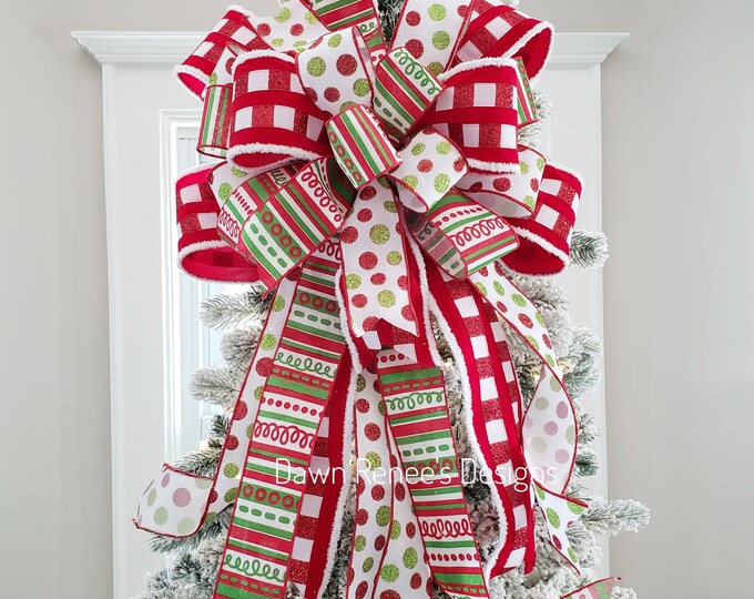 Red White Green Christmas Tree Topper Bow, Tree Topper, Christmas Bow