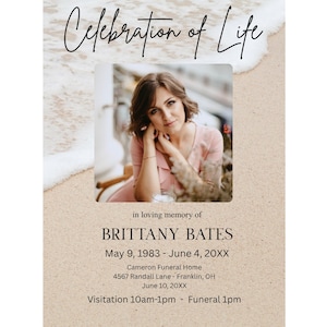 Celebration of Life Digital Download, Ocean, Beach, Editable Funeral Announcement, Funeral Invitation, Printable, Memorial Service