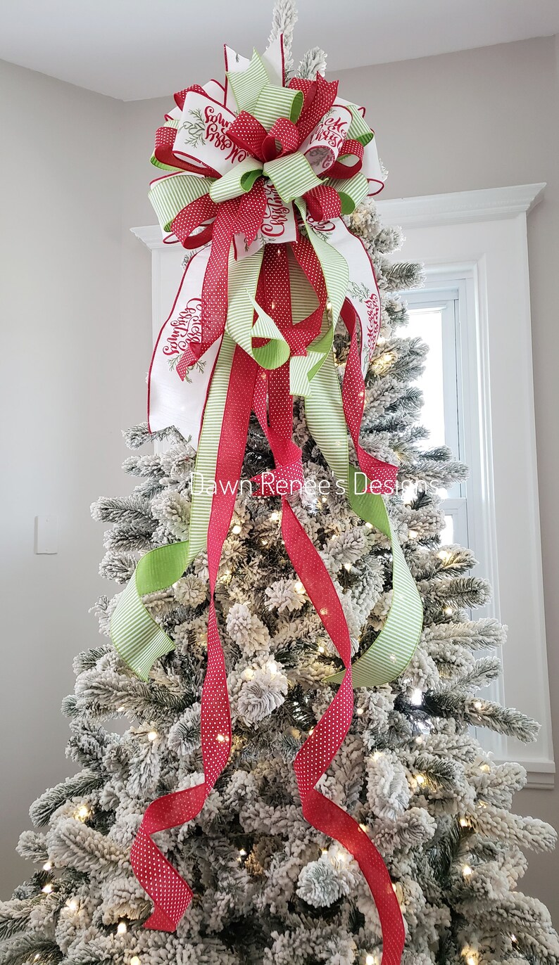 Christmas Tree Topper Bow, Tree Topper, Red White Green Christmas Bow