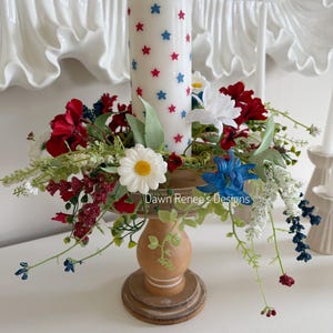 Red White Blue Candle Ring, Geraniums, Daisy, Astilbe, Patriotic Home Decor