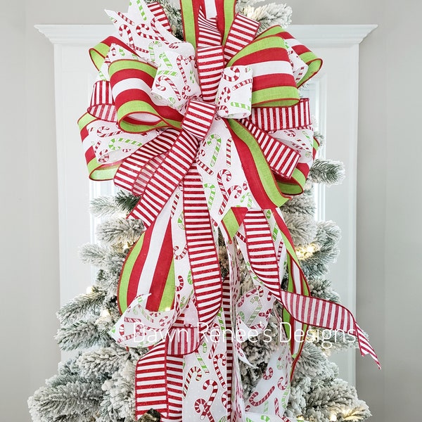 Red White Green Candy Cane Christmas Tree Topper Bow, Whimsical Christmas Tree Topper Bow, Christmas Bow for Tree, Bow Long Streamers CCS