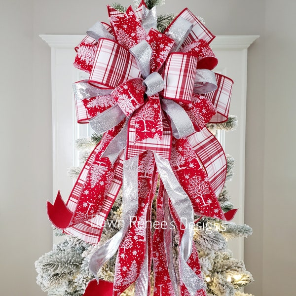 Red Silver White Christmas Tree Bow, Tree Topper, XL Christmas Tree Topper Bow, Christmas Bow for Tree, Bow Long Streamers RWS