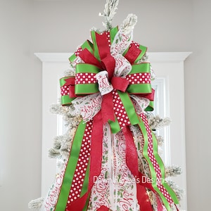 Christmas Tree Topper Bow, Tree Topper, Red White Green Christmas Bow, Whimsical Christmas Tree Topper Bow, XL Christmas Bow for Tree