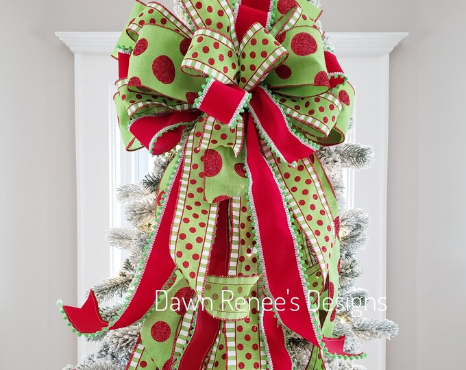 Polka Dot Christmas Tree Topper Bow, Red White Green Christmas Bow
