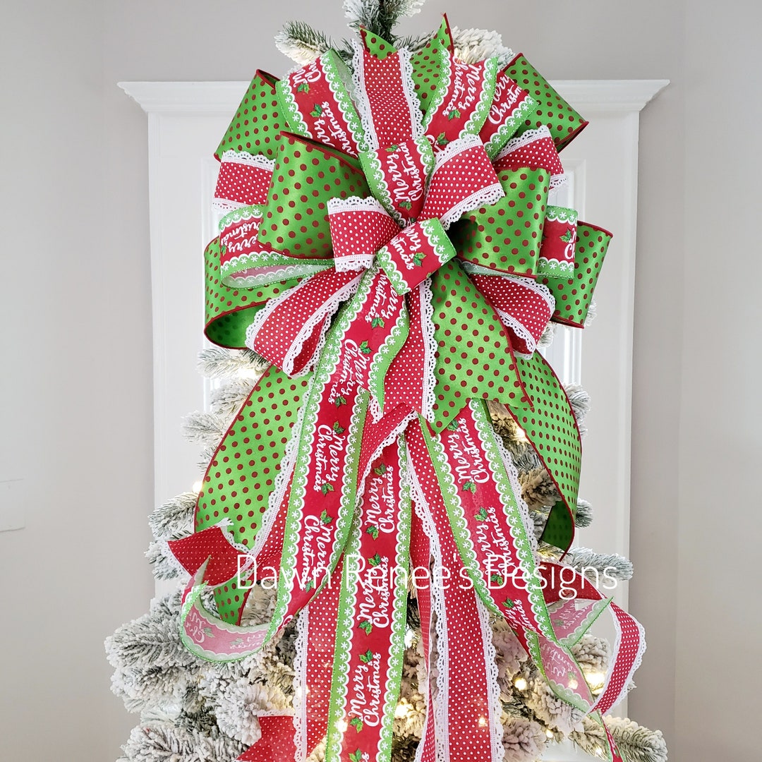 Christmas Tree Bow, Polka Dot Tree Bow, Red White Green Christmas Bow