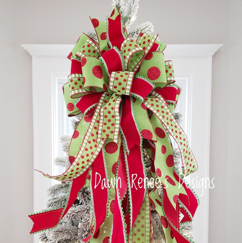 Christmas Tree Topper Bow Tree Topper Red White Green Etsy