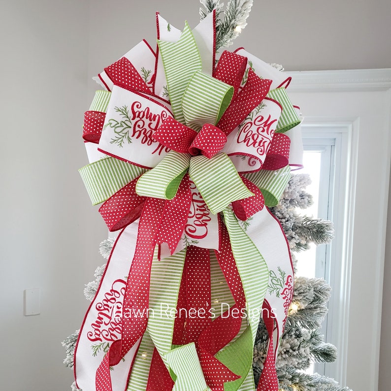 Christmas Tree Topper Bow, Tree Topper, Red White Green Christmas Bow