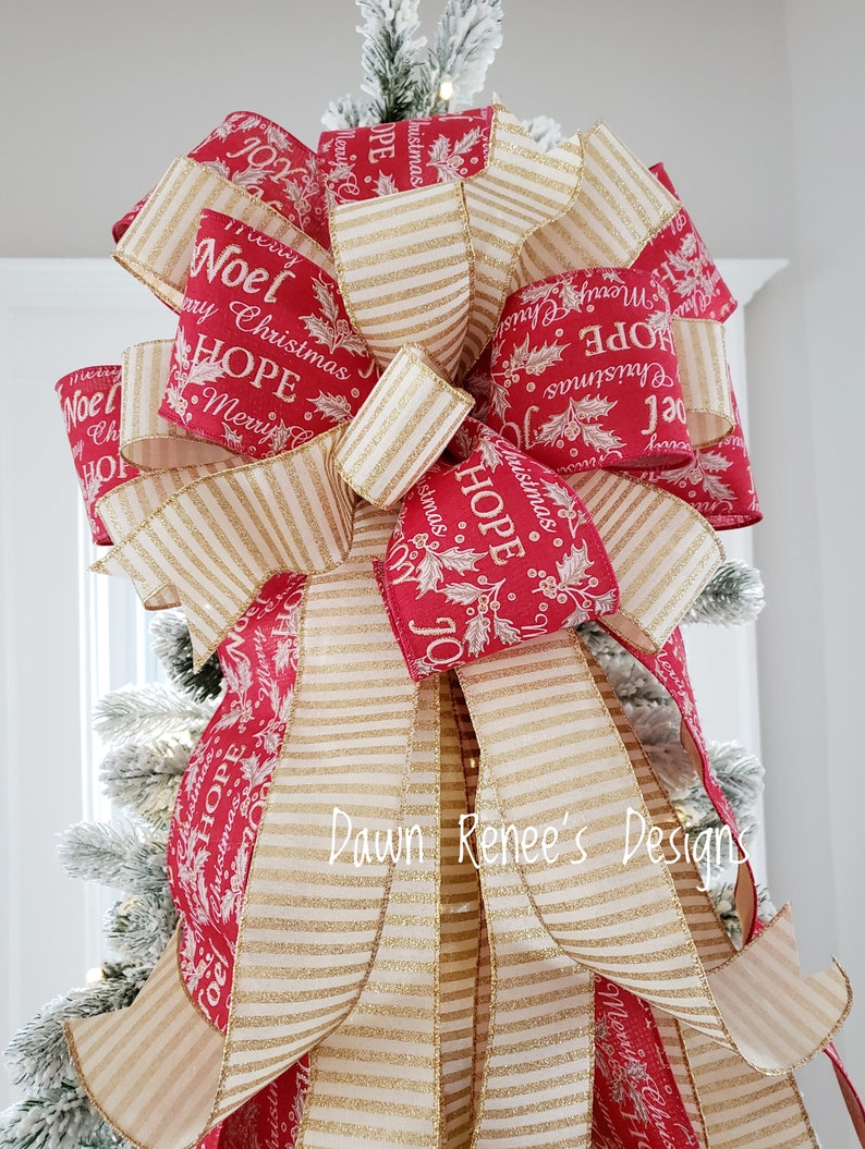 Red Gold Christmas Tree Topper Bow Tree Topper Christmas Bow Etsy