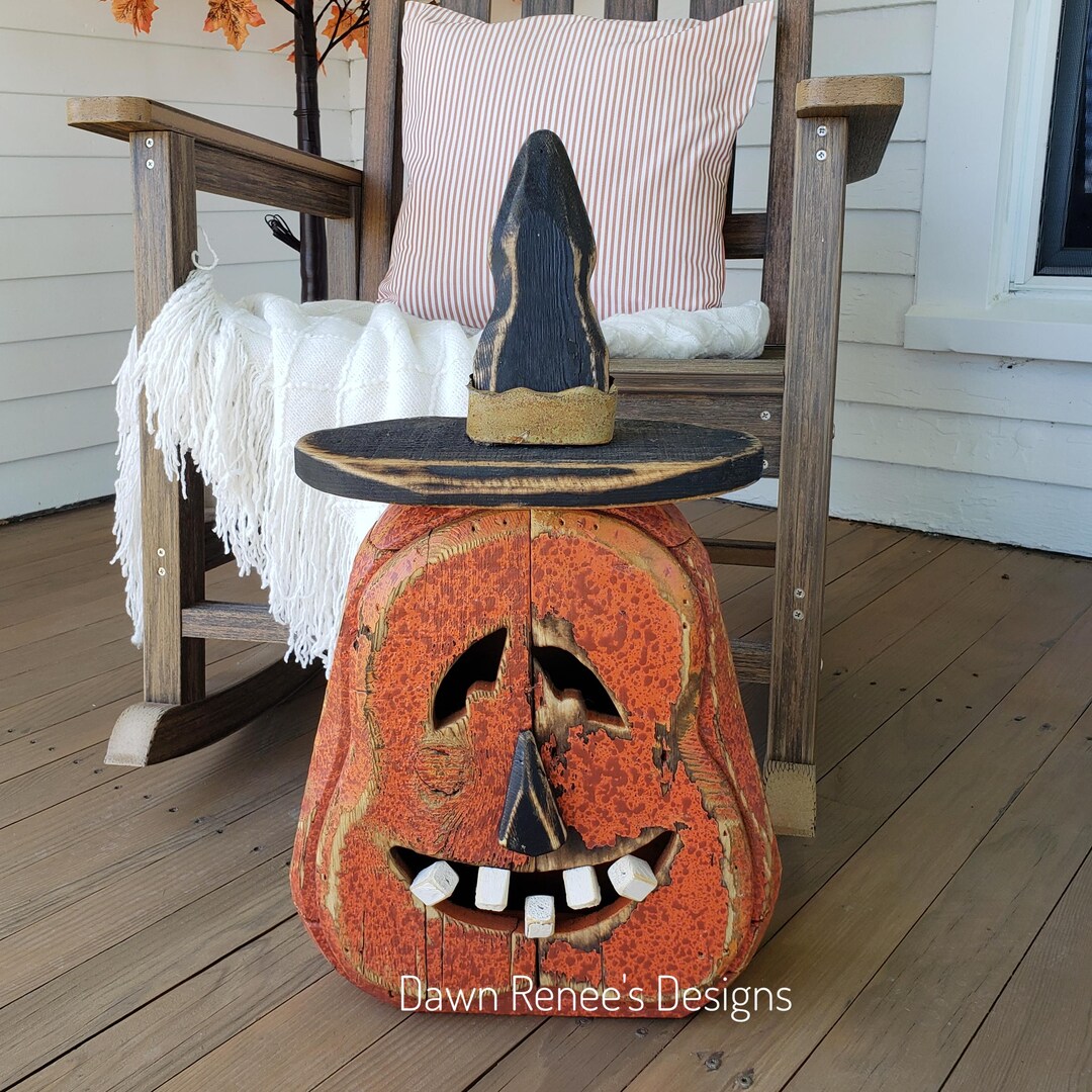 Large Wooden Jack O Lantern, Halloween Porch Decor, Witch Hat Pumpkin ...