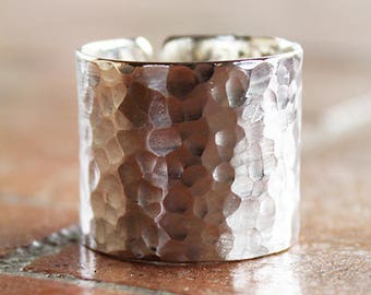 Hammered wide silver band ring