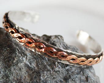 Men Silver with copper braid Cuff Bracelet