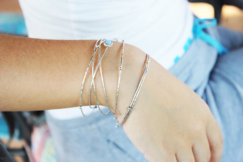 artisan silver bracelet,Opal bangle,Hammered Sterling Silver Stacking Bangles Solid Sterling Silver stacking bangles