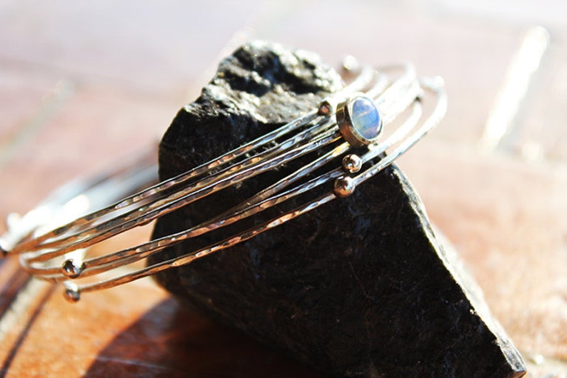 artisan silver bracelet,Opal bangle,Hammered Sterling Silver Stacking Bangles Solid Sterling Silver stacking bangles