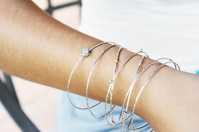 artisan silver bracelet,Opal bangle,Hammered Sterling Silver Stacking Bangles Solid Sterling Silver stacking bangles