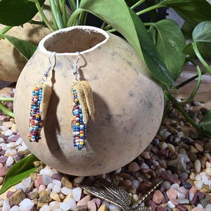 Hand Beaded Glass gem Corn Earrings (real leather "husks") light leather husks
