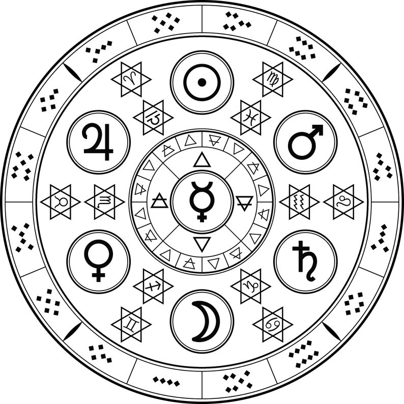 May include: A black and white circular diagram with astrological symbols, including the sun, moon, and planets. The diagram is surrounded by a ring of stars and numbers.