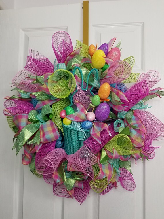 Easter Basket Wreath Deco Mesh Easter Wicker Basket with | Etsy