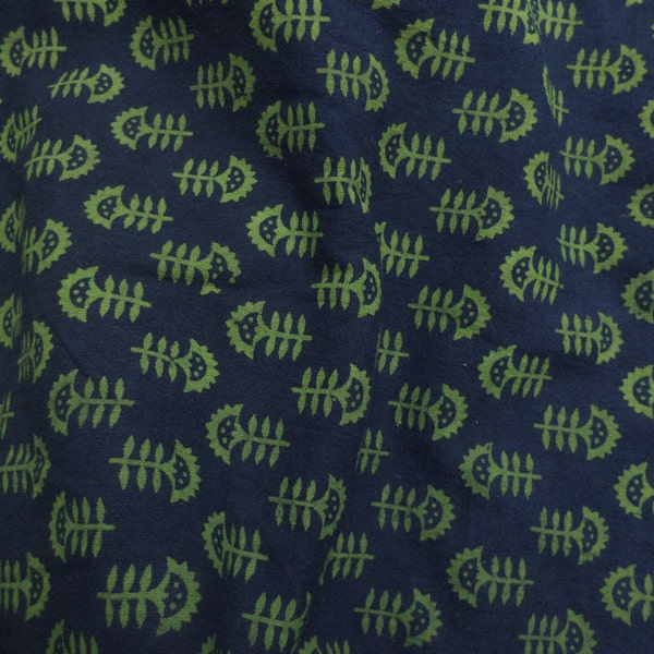 1 yard  Indian Cotton Fabric- Green Block print on Blue Cotton Fabric