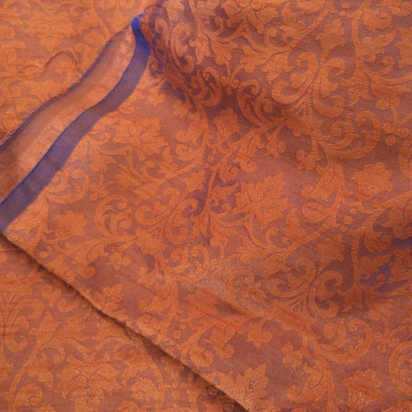 1 Yard Blue Jacquard Brocade Fabric with Orange Floral Print
