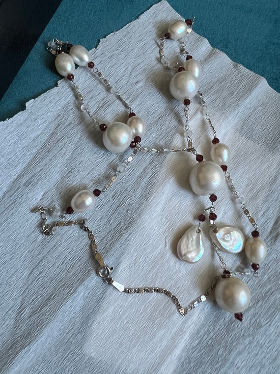 Vintage Silver chain necklace with pearls, rock c… - image 3