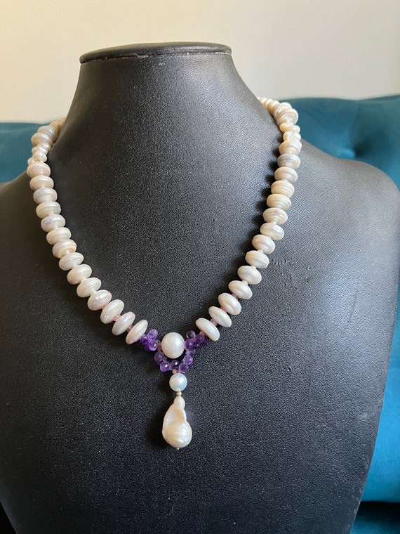 Collana Di Perle Barocche Di Ametista: Dettagli In Oro 14k, Filo Annodato Da 38 Pollici - Italia - Foto 10