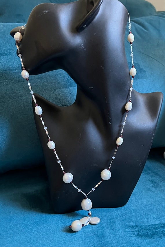 Vintage Silver chain necklace with pearls, rock c… - image 5