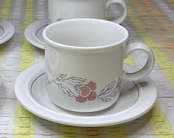 Coloroll Pink and Grey Floral Cups and Saucers. 1980s Vintage.