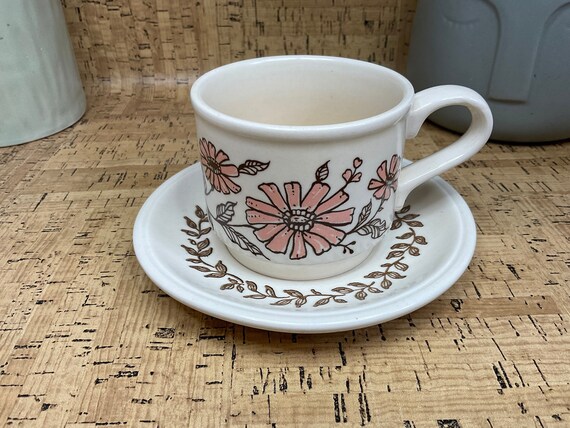 Biltons Pink and Brown Floral Cup and Saucer Sets. 1970s/80s Vintage.