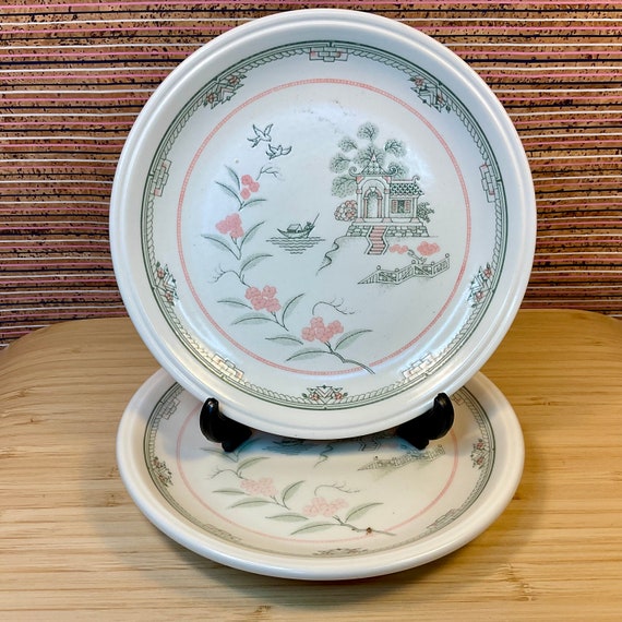 Pair of Vintage 1980s Biltons ‘Pagoda’ Side Tea Plates / Peach and Green / Retro Tableware & Kitchen Crockery / Home Decor Accessory