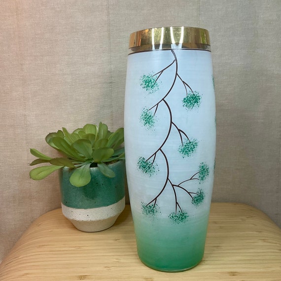 Hand Painted Green and White Ombré Frosted Glass Vase With Gold Rim / Tree Branches Pattern / 1960s Vintage / Retro Home Decor Accessory