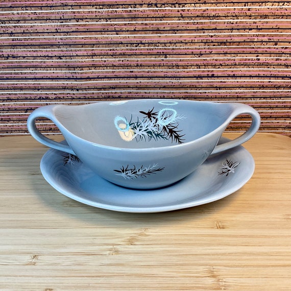 Vintage 1950s James Kent Ltd ‘Oregon Pine’ Soup Bowl & Saucer Set In Grey / Retro Tableware / 50s Home Decor Accessory / Dining Crockery