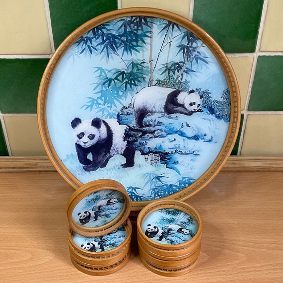 Vintage 1960s Bamboo Round Panda Tray and Six Coasters Set / Made In Taiwan / Home Bar Accessory / 60s Home Decor / Retro Drinkware