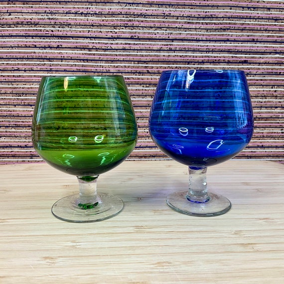 Pair of Blue and Green Small Brandy Glasses / 1960s Vintage / Retro Glassware / Mid Century / Home Decor Accessory / Party / Home Bar