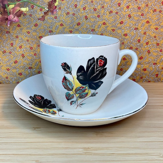 Vintage 1960s Cartwright and Edwards Black Rose Design Cup and Saucer Set / Black Red Green Floral / Retro Tableware / Home Decor Accessory